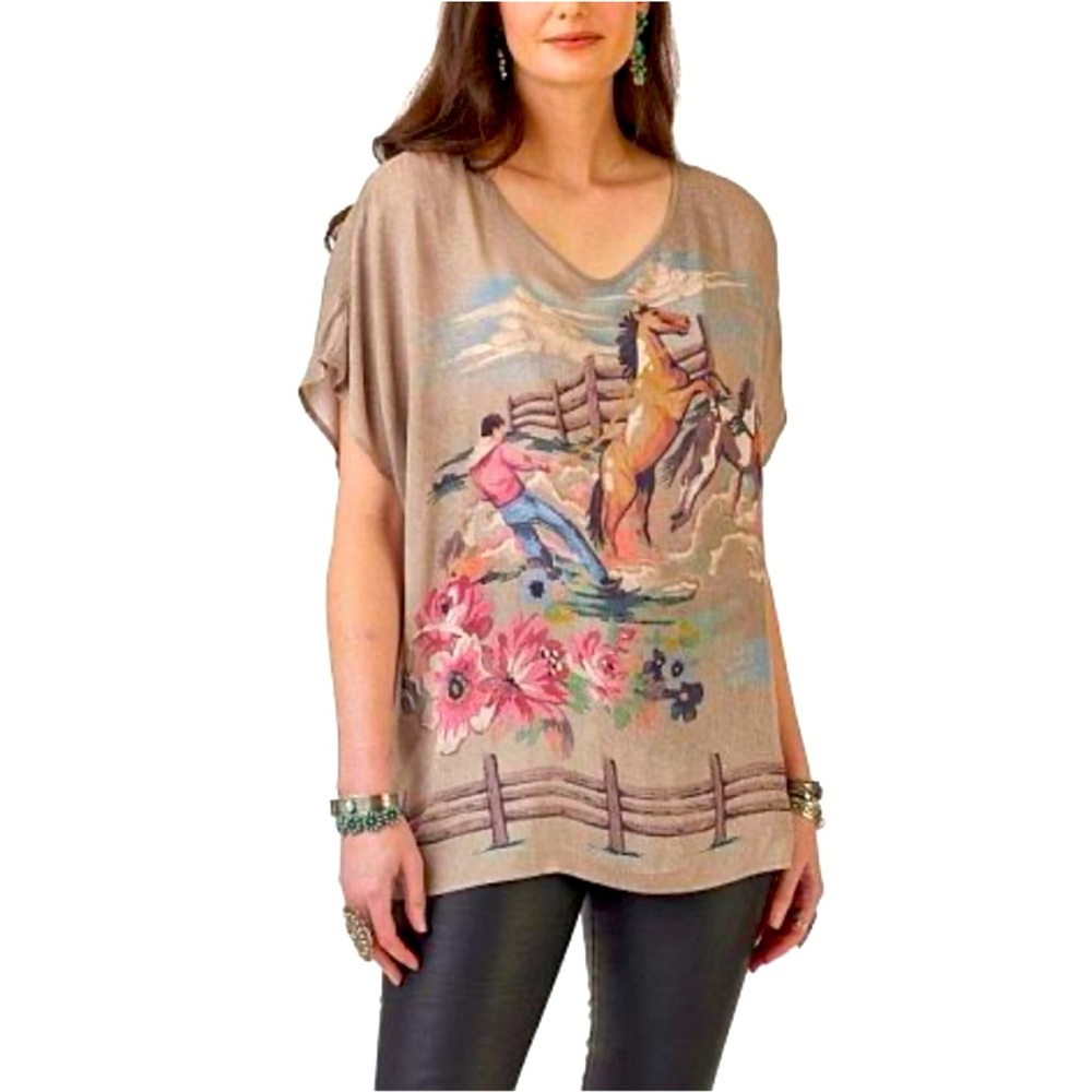 Double D Ranch tee poncho top cowboy rearing horse floral print RTL $205 NWT XS